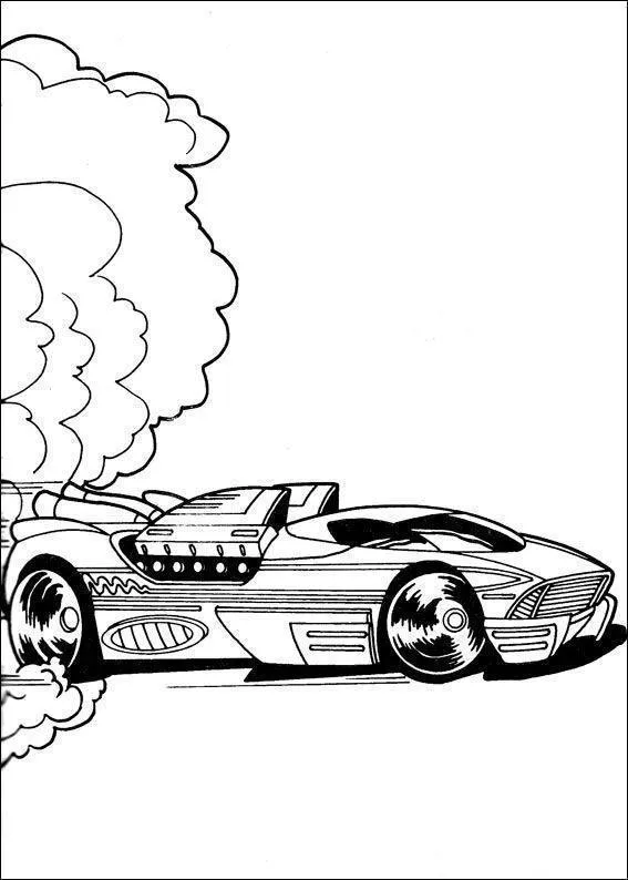 Desenho de contorno de um carro de arrancada futurista baixo, com um motor imenso saindo do capô e uma grande nuvem de fumaça na parte traseira.