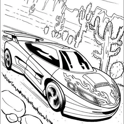 Velocidade Ardente: Carro com Chamas no Deserto para Colorir