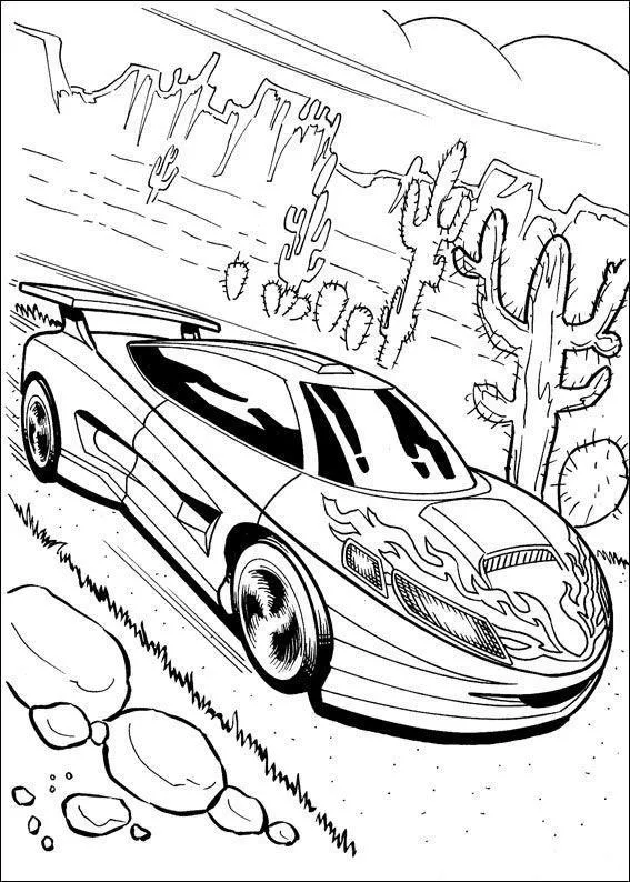 Desenho de contorno de um carro de corrida com labaredas desenhadas no capô, correndo em uma estrada com cactos e montanhas ao fundo.