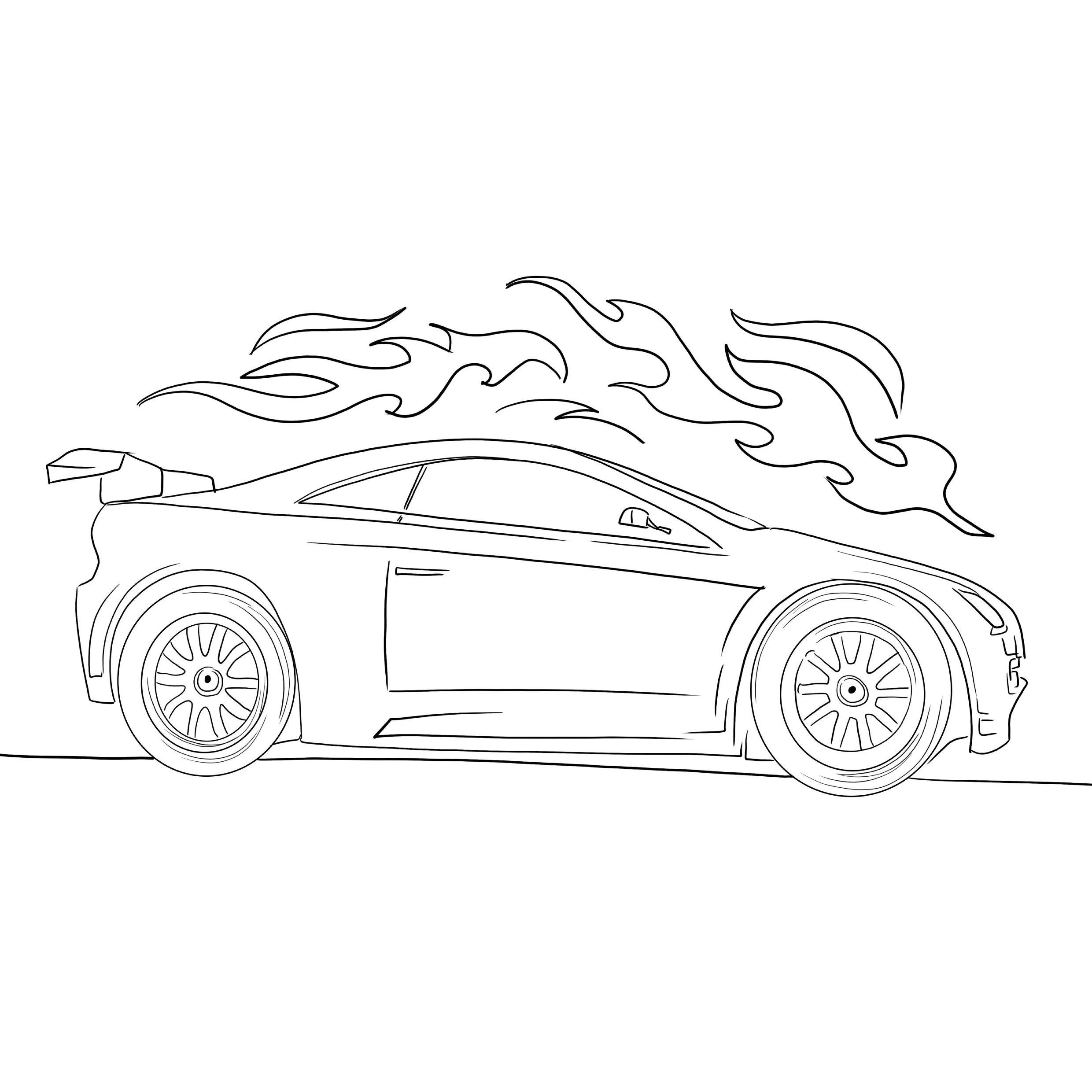 Desenho de contorno de um carro esportivo moderno de perfil, com um grande aerofólio traseiro e labaredas de fogo decorativas na parte superior.