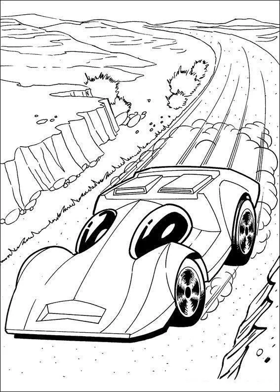 Desenho de contorno de um carro esportivo com cabines arredondadas correndo em uma estrada curva com desfiladeiros e montanhas ao fundo.