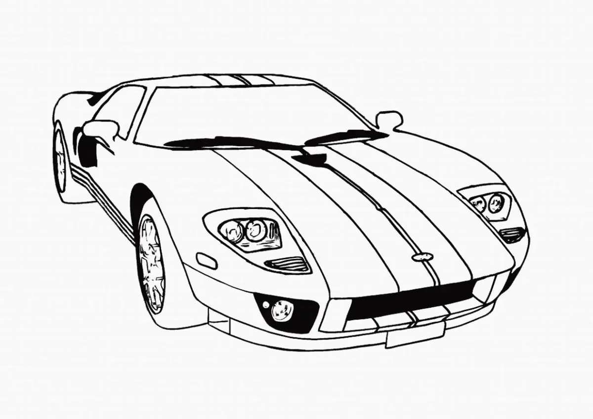Desenho de contorno de um carro esportivo GT visto de frente, com faróis ovais detalhados e duas listras largas percorrendo o capô.