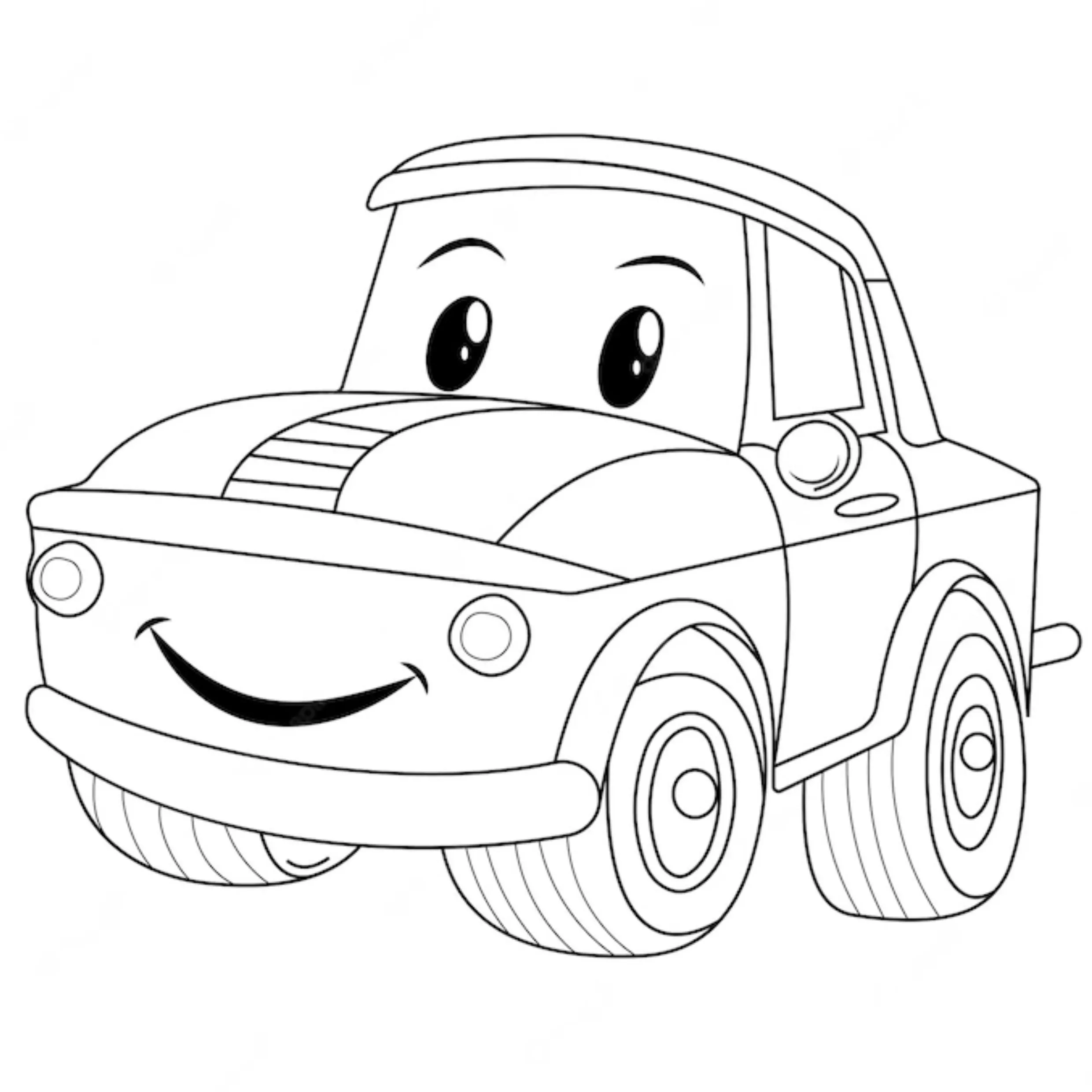 Desenho de contorno de um carro antropomórfico sorridente com olhos grandes e redondos no para-brisa, visto de ângulo frontal.