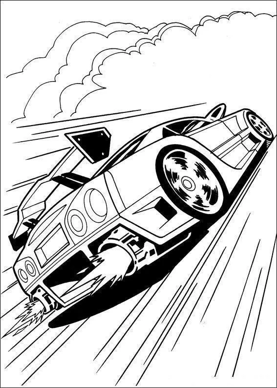 Desenho de contorno de um carro de corrida com turbinas traseiras soltando chamas, inclinado em ângulo de velocidade com nuvens ao fundo.