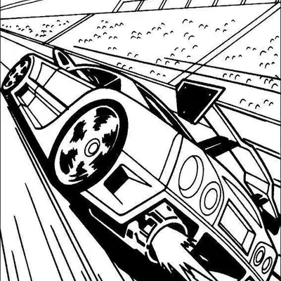 Desenho de contorno de um carro de corrida futurista visto de ângulo inclinado, com turbinas traseiras expelindo fogo e arquibancada ao fundo.