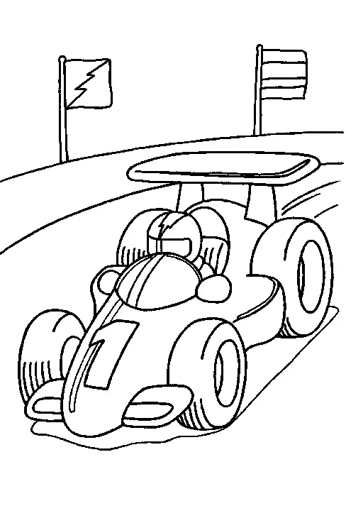Desenho de contorno de um carro de corrida monoposto com o número 1 no bico, aerofólio traseiro grande e piloto no cockpit, contornando uma curva.