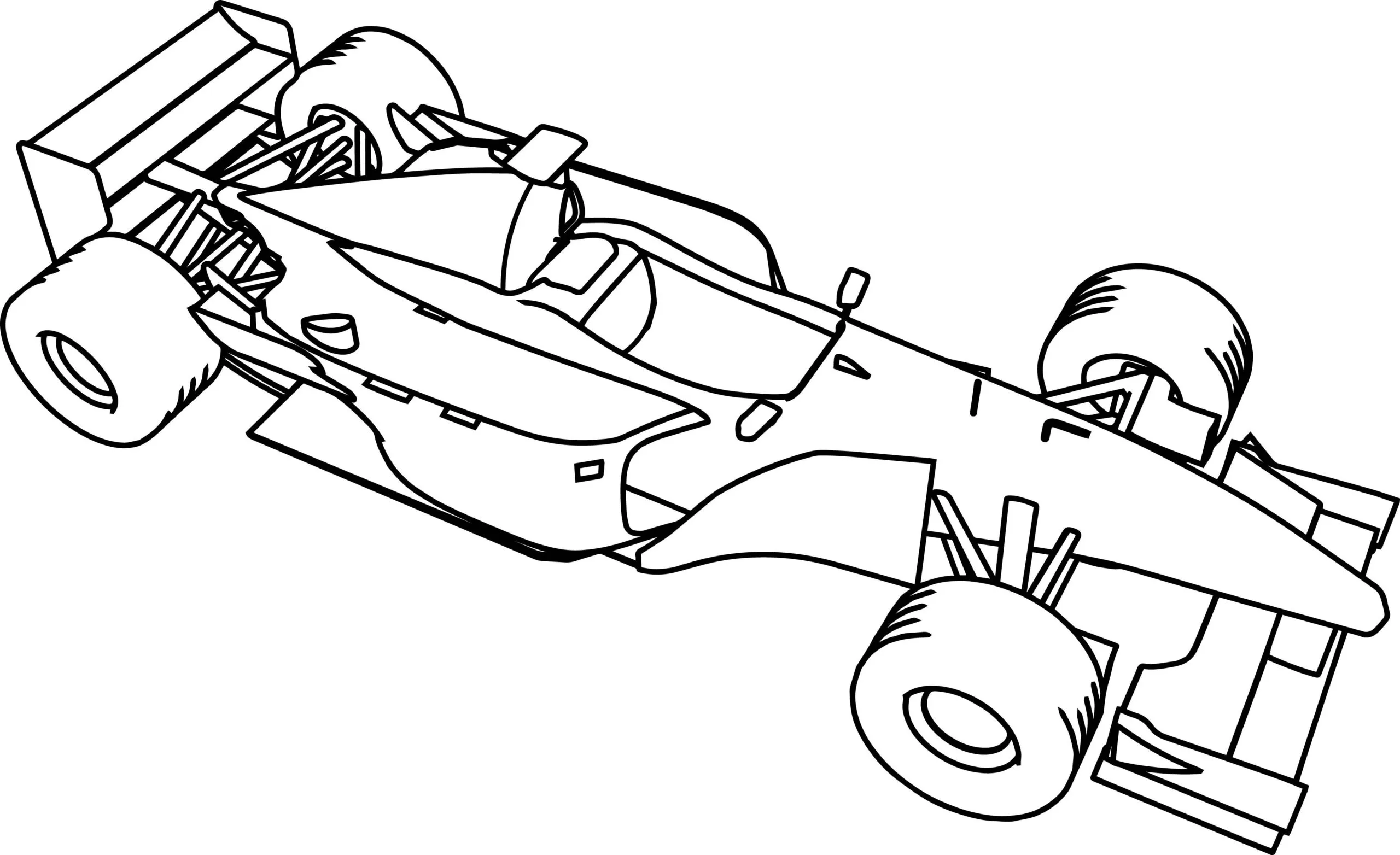 Desenho técnico de contorno de um carro de Fórmula 1 moderno, mostrando aerofólios, pneus largos e o cockpit, visto de cima em ângulo diagonal.