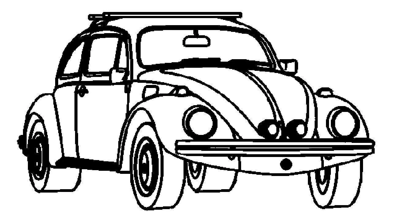 Desenho de contorno de um carro Fusca clássico visto de frente, com para-choques cromados e um bagageiro no teto.