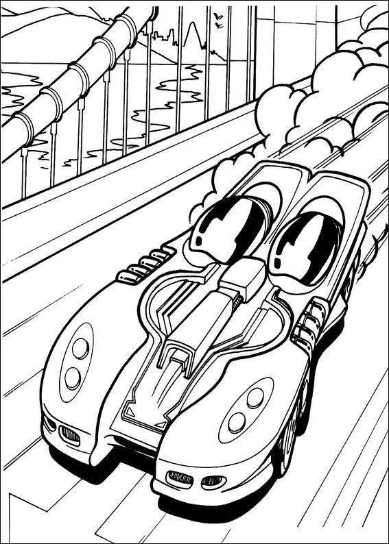 Desenho de contorno de um carro futurista com cabine dupla arredondada correndo sobre uma ponte, com montanhas e cidade ao fundo.