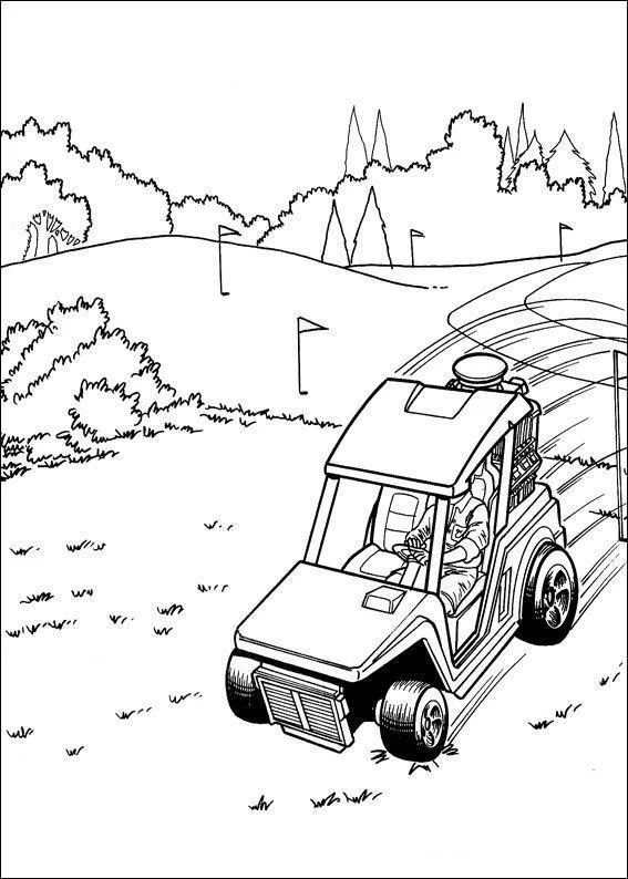 Desenho de contorno de um pequeno veículo de golfe com motor exposto na traseira, dirigido por um piloto em um campo com grama, arbustos e bandeiras.