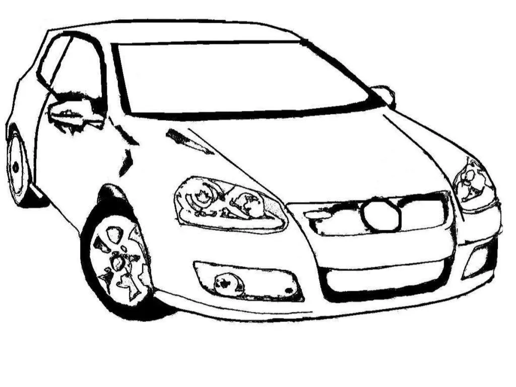 Desenho de contorno de um carro hatch moderno visto de frente, com faróis detalhados, grade esportiva e rodas de liga leve.