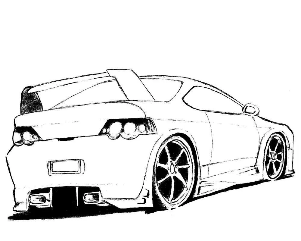 Desenho de contorno da traseira de um carro esportivo rebaixado, com aerofólio grande, lanternas detalhadas e rodas de liga leve em ângulo lateral.