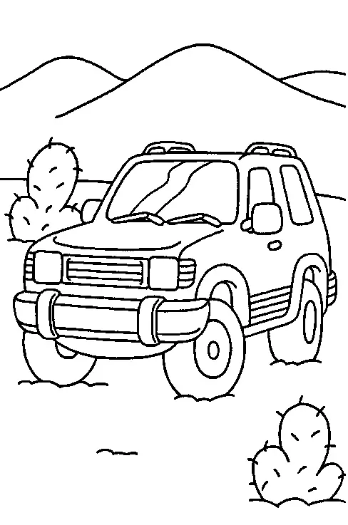 Desenho de contorno de um carro estilo jeep off-road com pneus grandes, em um cenário de deserto com cactos e montanhas ao fundo.