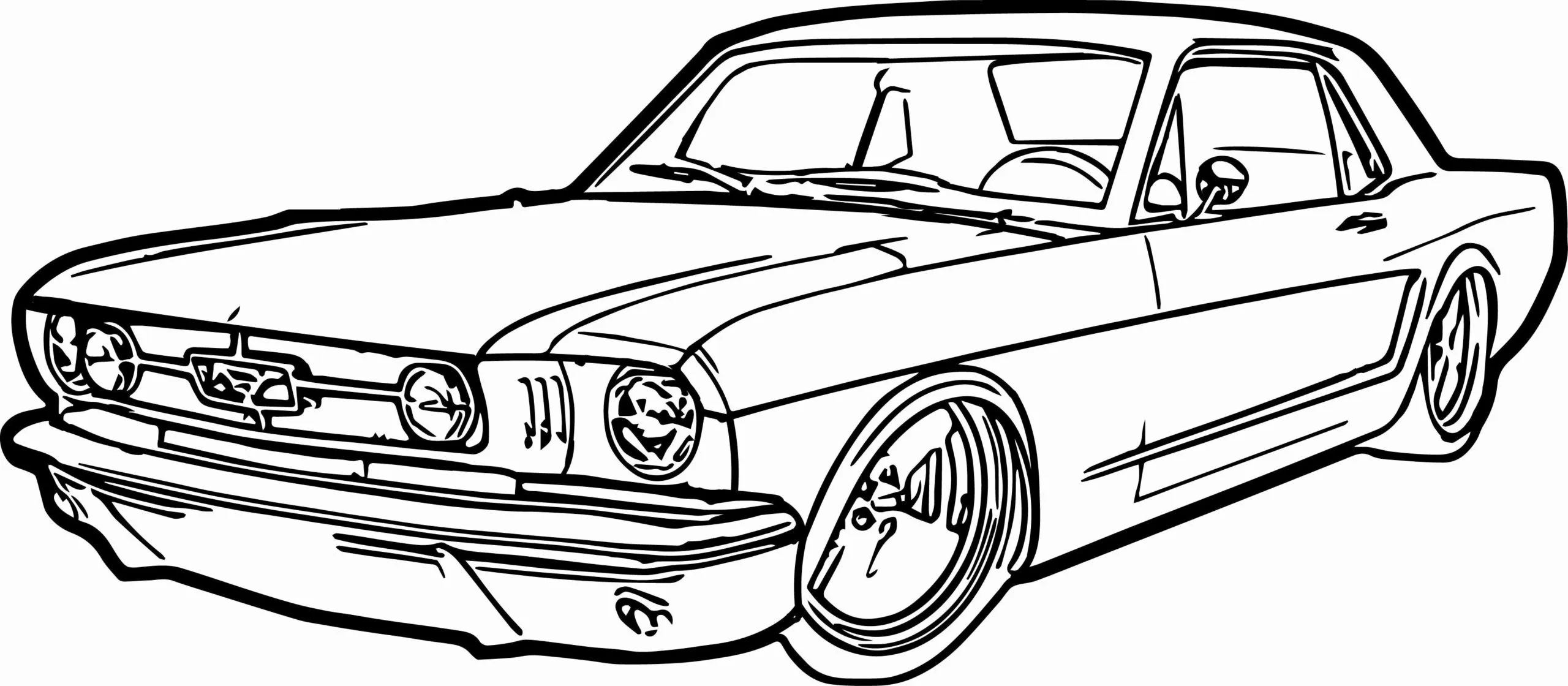 Desenho de contorno detalhado de um carro clássico estilo Ford Mustang, visto de ângulo frontal diagonal, com rodas esportivas grandes.