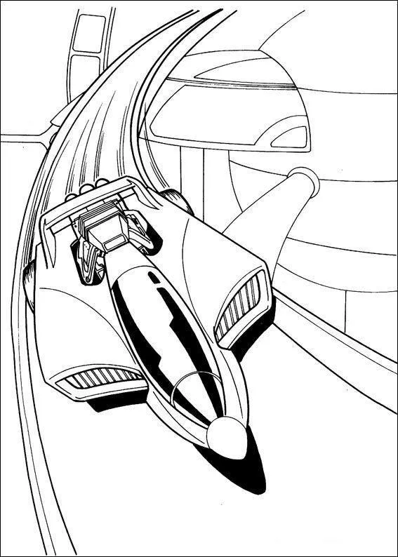 Desenho de contorno de um carro com design de foguete e asas curtas, correndo em uma pista inclinada com prédios futuristas ao fundo.
