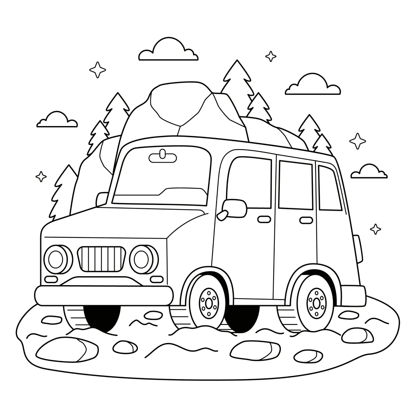 Desenho de contorno de um carro estilo jipe em um terreno rochoso, com montanhas, árvores de pinheiro, nuvens e estrelas ao fundo.