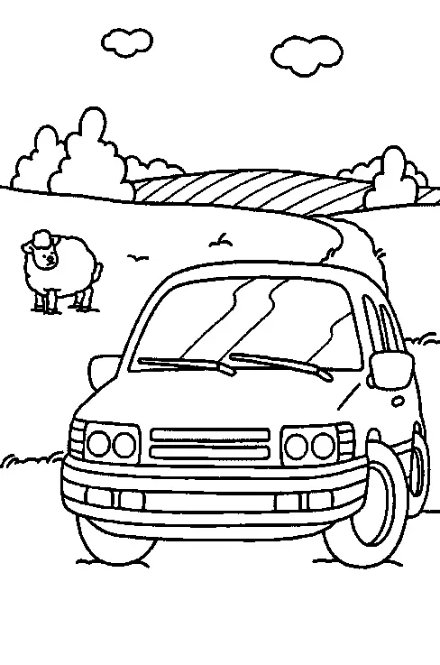Desenho de contorno de um carro SUV de passeio em uma estrada de terra, com uma ovelha no pasto, árvores e colinas ao fundo sob um céu com nuvens.