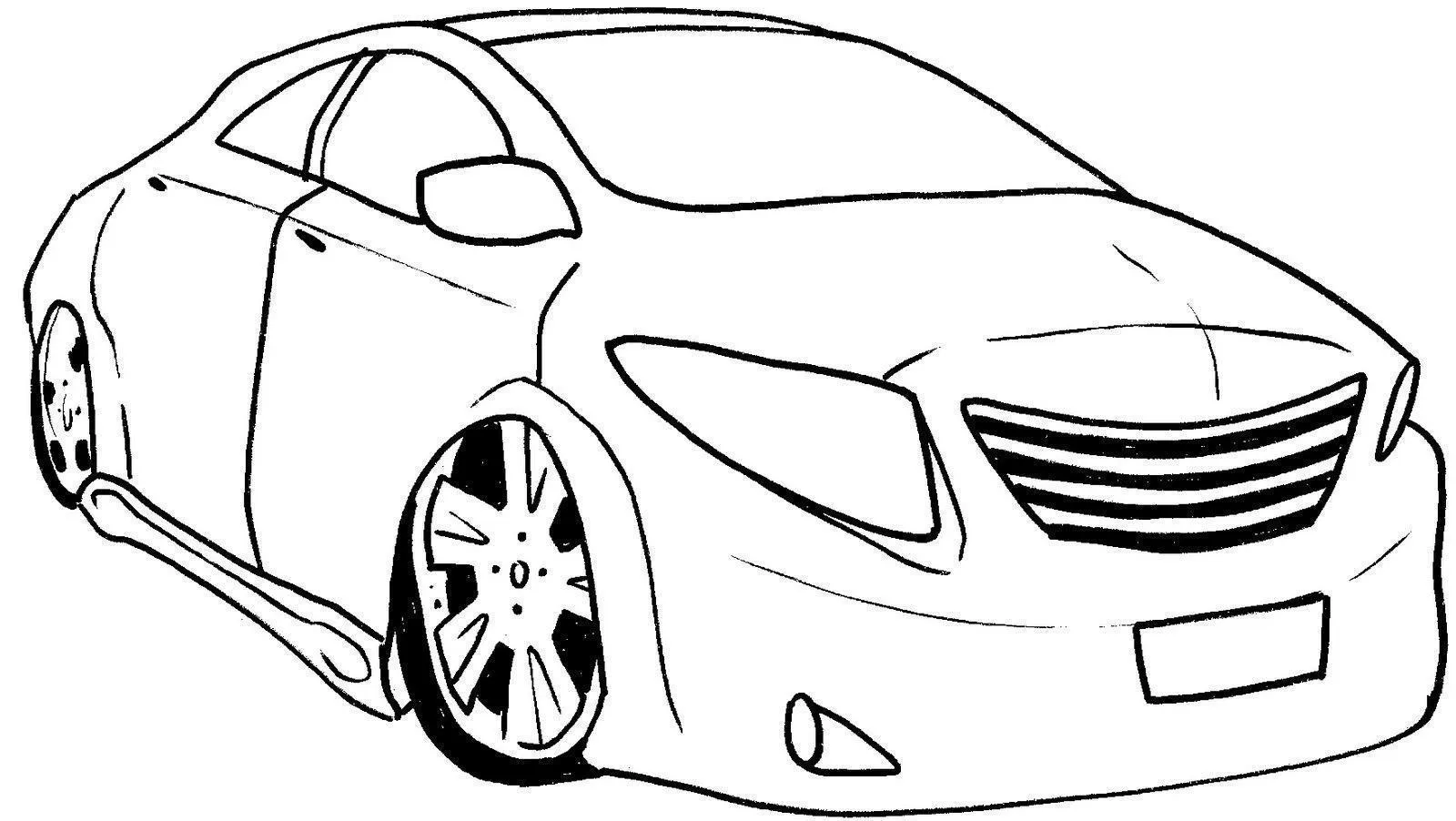 Desenho de contorno de um carro sedan moderno visto de ângulo frontal lateral, com grade frontal detalhada e rodas de liga leve estilizadas.