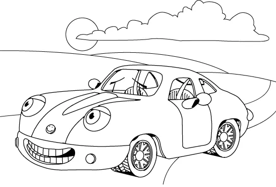 Desenho de contorno de um carro com olhos expressivos e sorriso largo, dirigindo em uma estrada curva com colinas, sol e nuvens ao fundo.