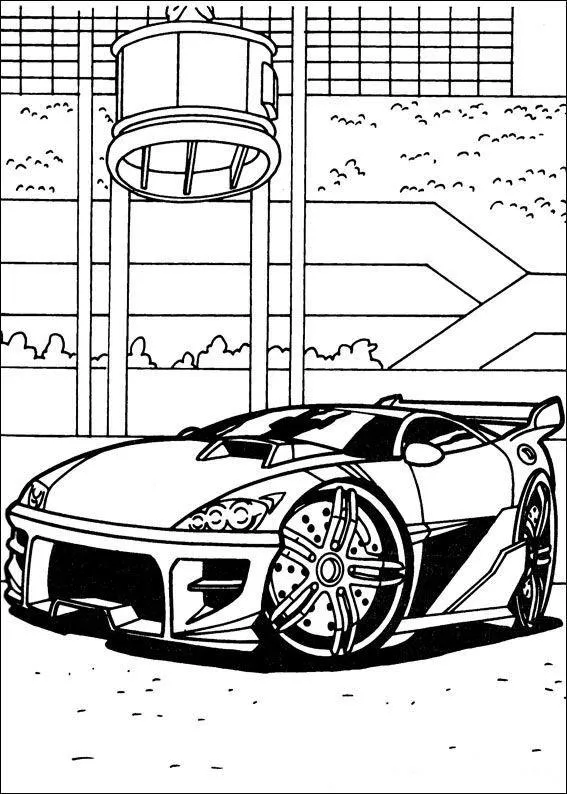 Desenho de contorno de um carro esportivo rebaixado com rodas enormes e detalhadas, estacionado em uma garagem com luzes de teto.