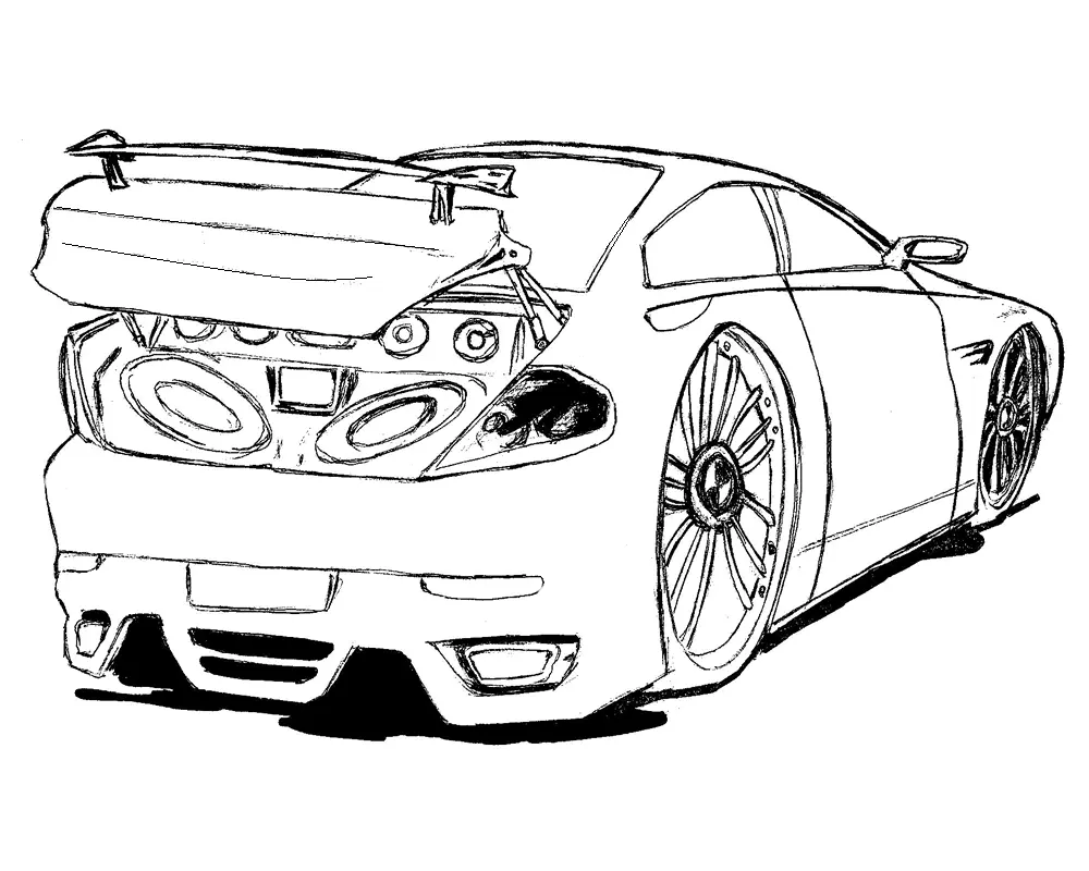 Desenho de contorno da traseira de um carro tuning com o porta-malas aberto revelando vários alto-falantes e subwoofers detalhados.