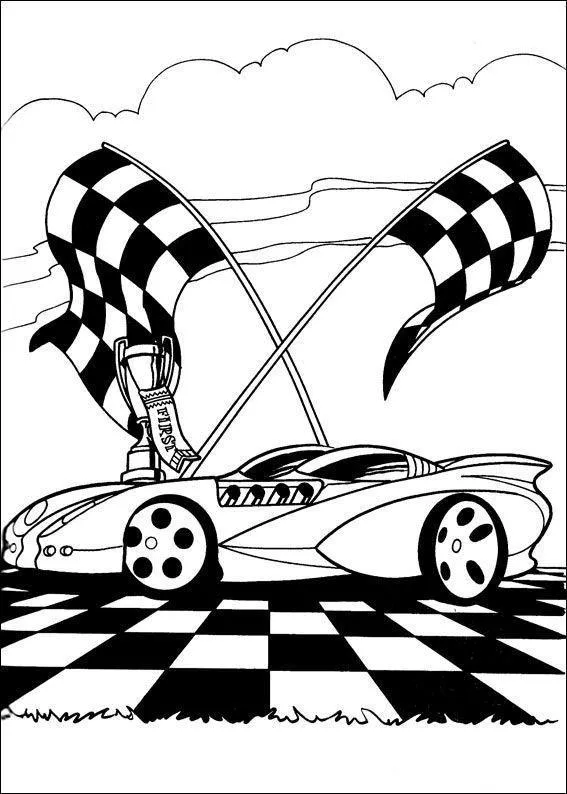 Desenho de contorno de um carro esportivo estilizado estacionado sobre um chão quadriculado, com um troféu de primeiro lugar no capô e duas bandeiras de corrida cruzadas ao fundo.