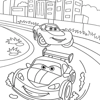 Desenho de contorno de dois carros de corrida com aerofólios e expressões faciais alegres correndo em uma estrada curva com prédios ao fundo.