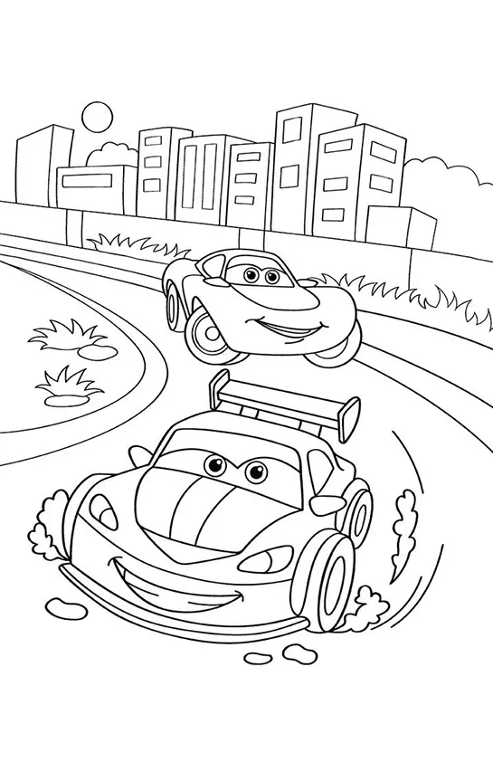 Desenho de contorno de dois carros de corrida com aerofólios e expressões faciais alegres correndo em uma estrada curva com prédios ao fundo.