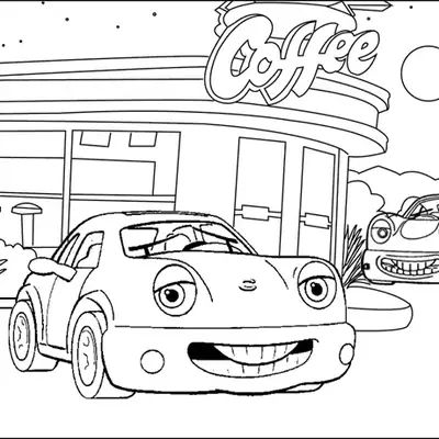 Desenho de contorno de dois carros com olhos e bocas sorridentes, estacionados em frente a uma lanchonete com o letreiro 