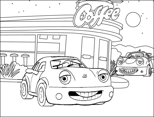Desenho de contorno de dois carros com olhos e bocas sorridentes, estacionados em frente a uma lanchonete com o letreiro "Coffee" e estrelas no céu.