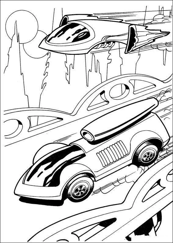 Desenho de contorno de um carro futurista em uma estrada suspensa e uma nave voadora no céu, com prédios pontiagudos e planetas ao fundo.