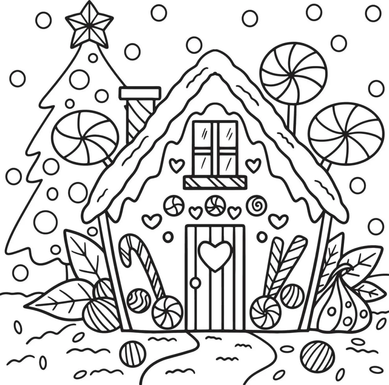 Desenho de contorno de uma casa de gengibre decorada com corações e doces, com pirulitos grandes nas laterais e uma árvore de Natal ao fundo.