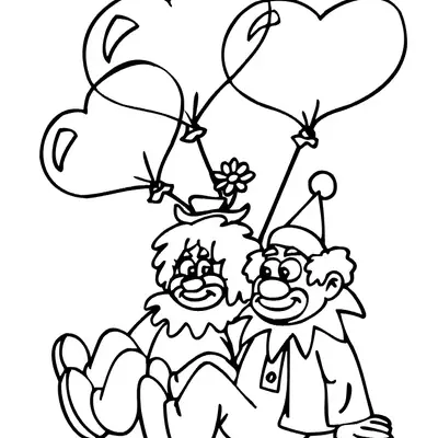 Desenho de contorno de um casal de palhaços sentados no chão, segurando balões de coração, com golas de bico e chapéus pequenos.
