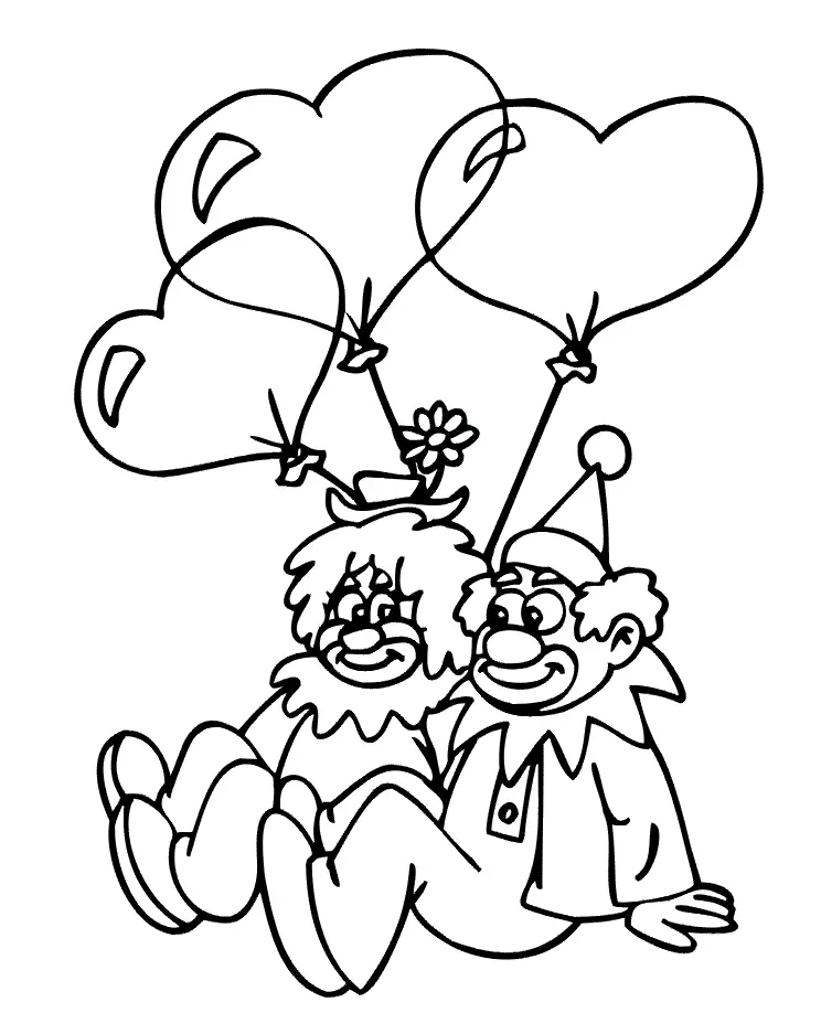 Desenho de contorno de um casal de palhaços sentados no chão, segurando balões de coração, com golas de bico e chapéus pequenos.
