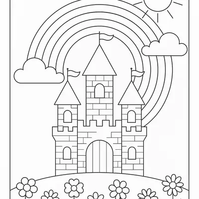 O Reino das Cores: Castelo com Arco-Íris para Colorir