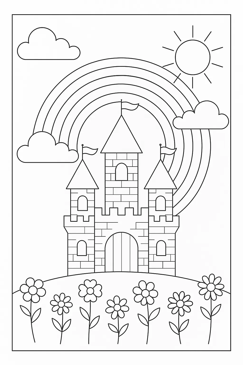 Desenho de contorno de um castelo medieval com três torres em cima de uma colina, com um grande arco-íris atrás, sol com raios e flores no primeiro plano.
