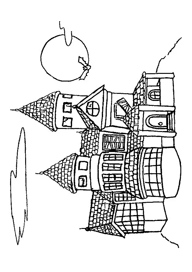 Desenho de contorno de um castelo assombrado com telhados pontiagudos de pedra, uma lua cheia grande no céu com um morcego voando na frente.