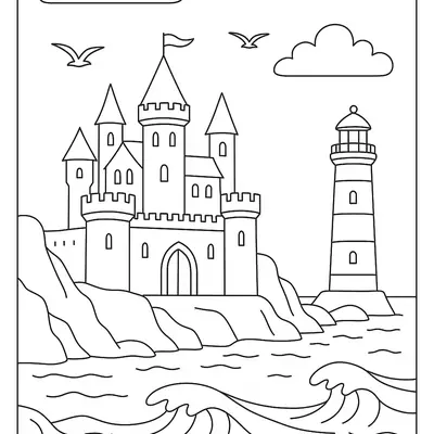 Desenho de contorno de um castelo medieval em cima de um penhasco rochoso à beira-mar, com um farol listrado ao lado, ondas batendo nas rochas e gaivotas voando.