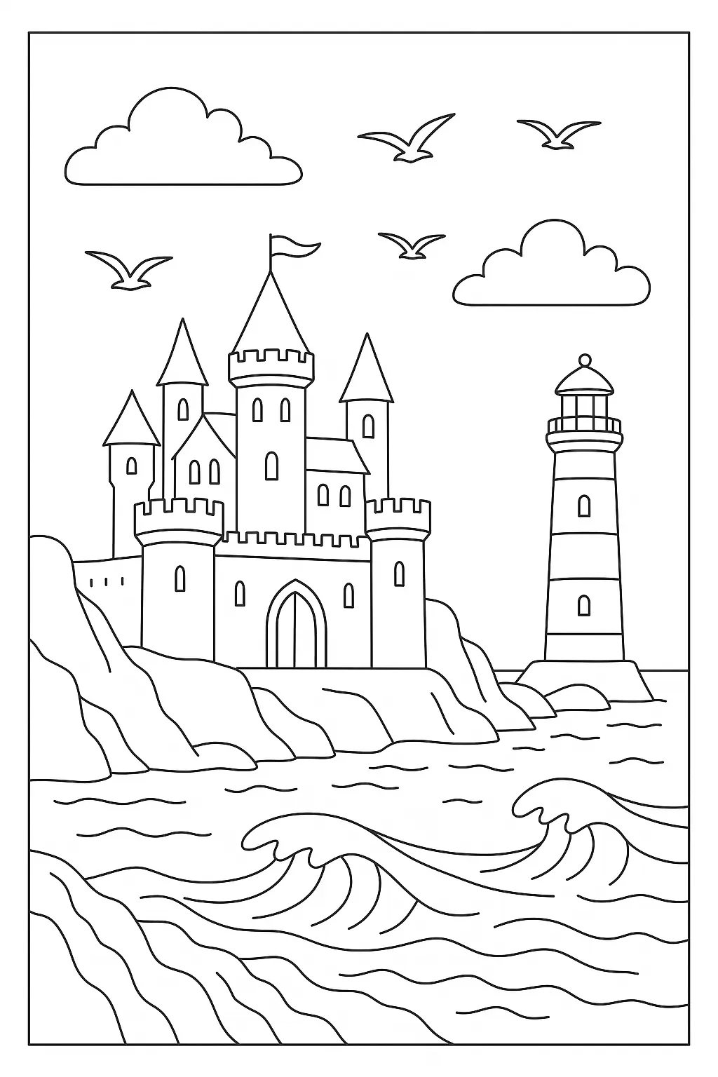 Desenho de contorno de um castelo medieval em cima de um penhasco rochoso à beira-mar, com um farol listrado ao lado, ondas batendo nas rochas e gaivotas voando.