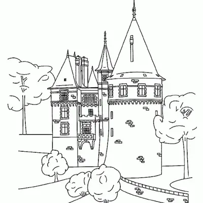 Desenho de contorno de um castelo estilo chateau francês com uma torre redonda proeminente, telhados íngremes, várias janelas pequenas e árvores ao redor.