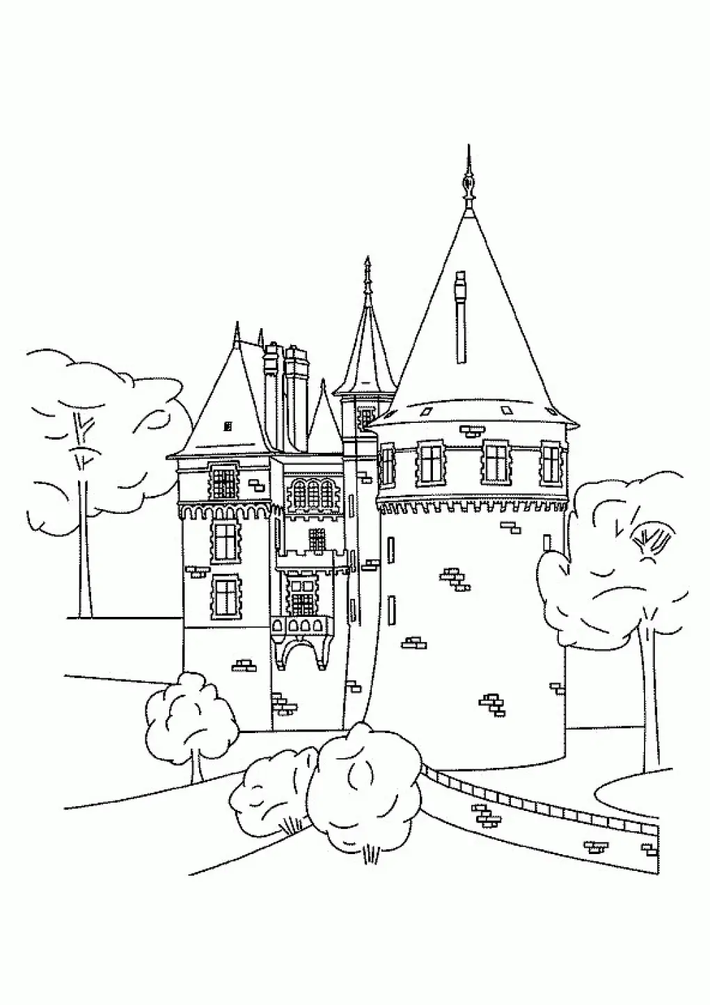 Desenho de contorno de um castelo estilo chateau francês com uma torre redonda proeminente, telhados íngremes, várias janelas pequenas e árvores ao redor.