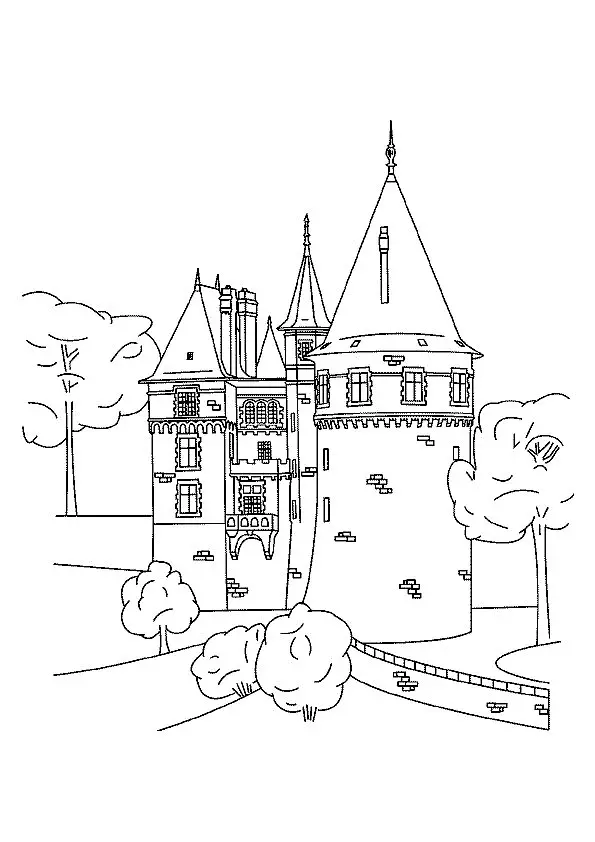 Desenho de contorno de um castelo estilo renascentista francês com uma grande torre circular à direita, telhados íngremes, chaminés e árvores ao redor.