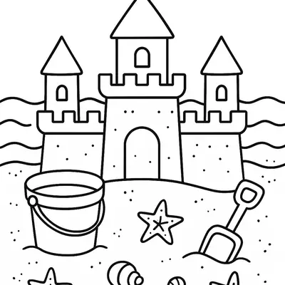 Desenho de contorno de um grande castelo de areia com três torres, uma bandeira no topo, balde, pá e estrelas do mar ao redor.