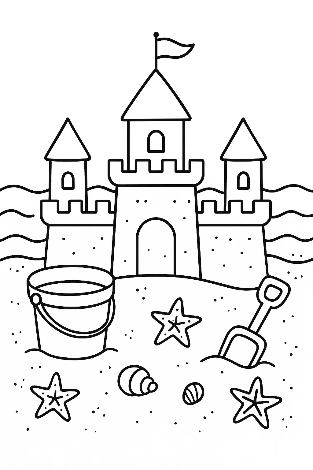 Desenho de contorno de um grande castelo de areia com três torres, uma bandeira no topo, balde, pá e estrelas do mar ao redor.