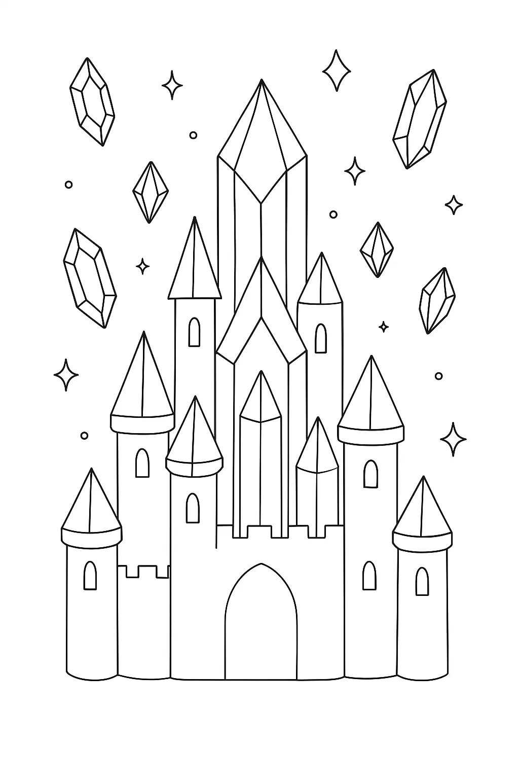 Desenho de contorno de um castelo fantástico com torres que possuem topos de cristal pontiagudos, cercado por joias flutuantes, diamantes e pequenas estrelas.