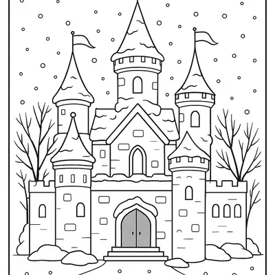 Desenho de contorno de um castelo medieval com neve nos telhados e muros, árvores sem folhas nas laterais e muitos flocos de neve circulares caindo no céu.