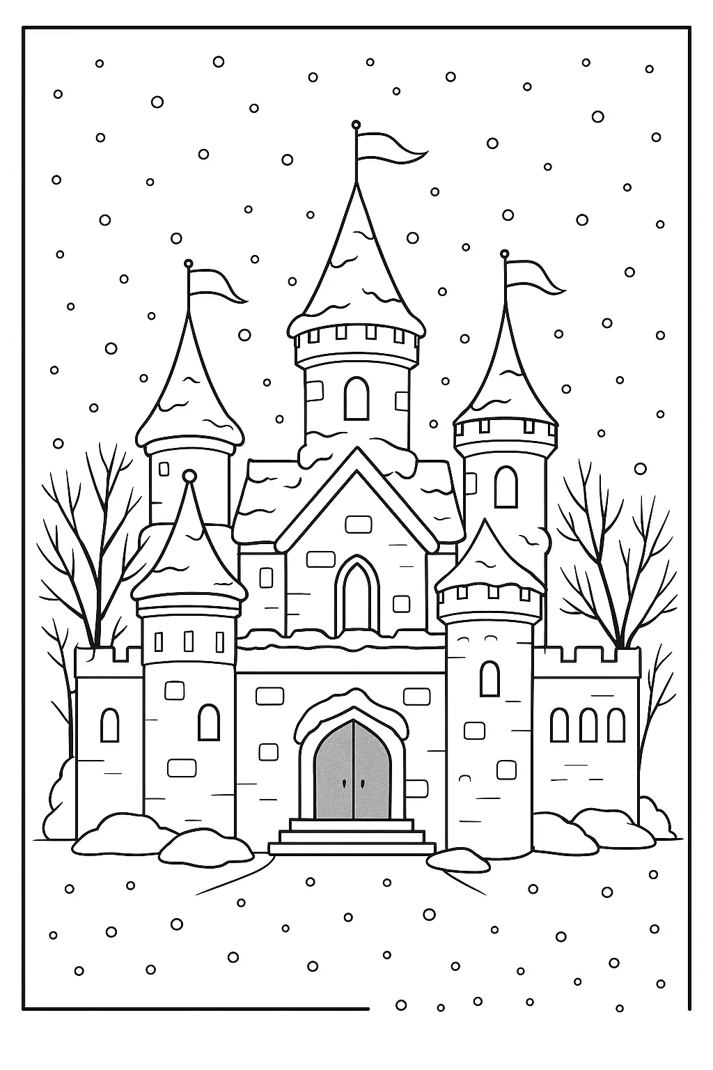 Desenho de contorno de um castelo medieval com neve nos telhados e muros, árvores sem folhas nas laterais e muitos flocos de neve circulares caindo no céu.
