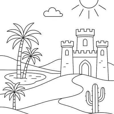Mistério das Areias: Castelo no Oásis para Colorir