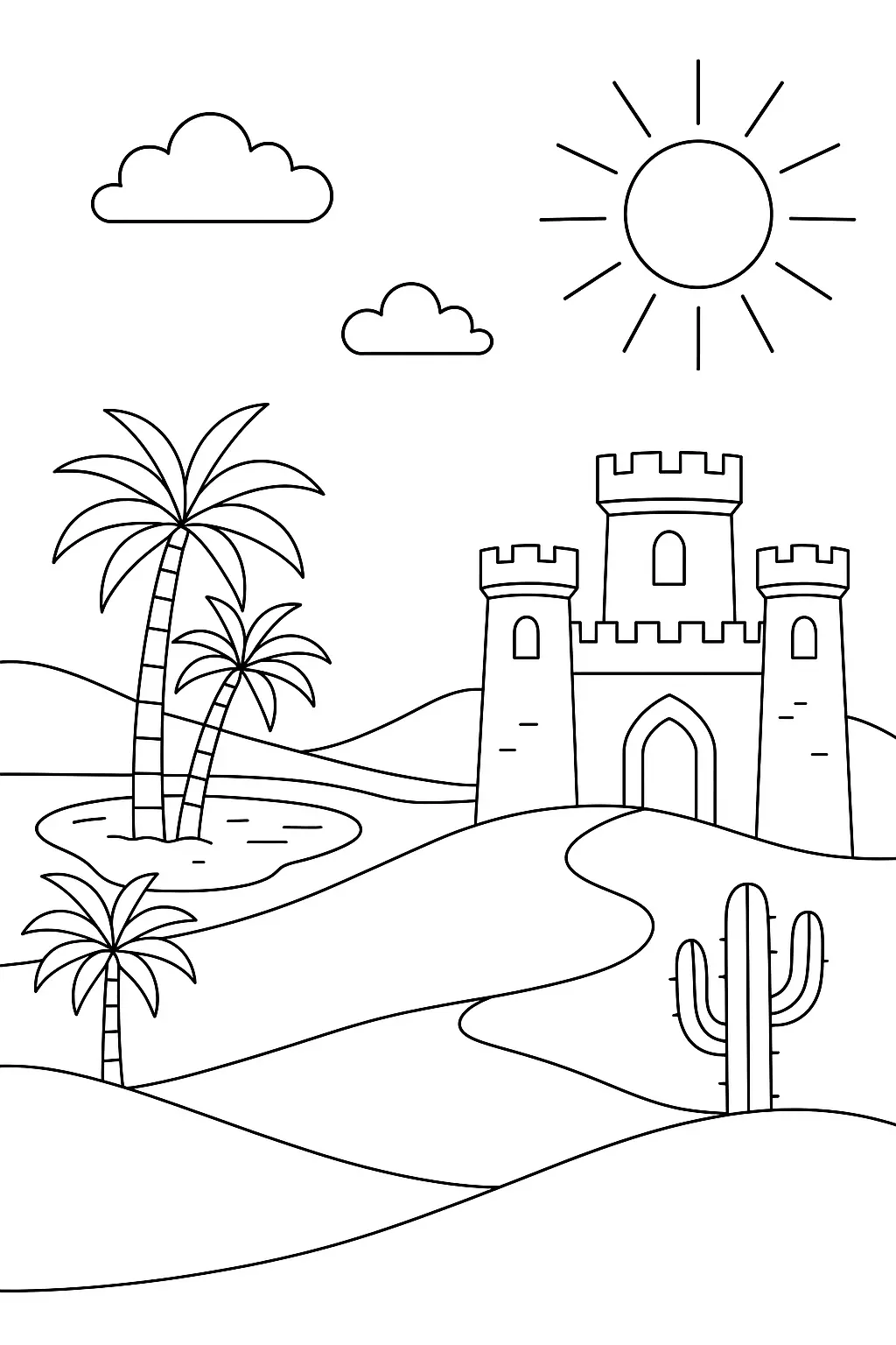 Desenho de contorno de um castelo de estilo árabe com ameias, cercado por dunas de areia, um pequeno lago com palmeiras, cactos e um grande sol no céu.