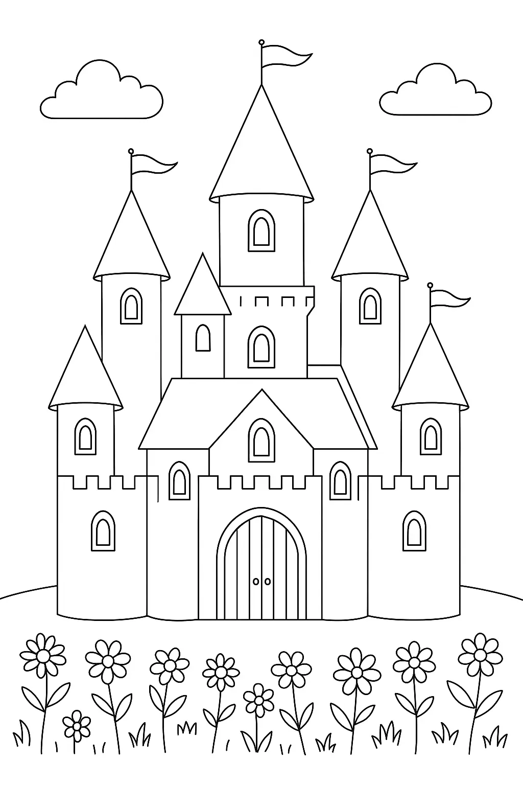 Desenho de contorno de um castelo medieval com várias torres pontiagudas e bandeiras, situado atrás de um canteiro de flores grandes e nuvens fofas no céu.